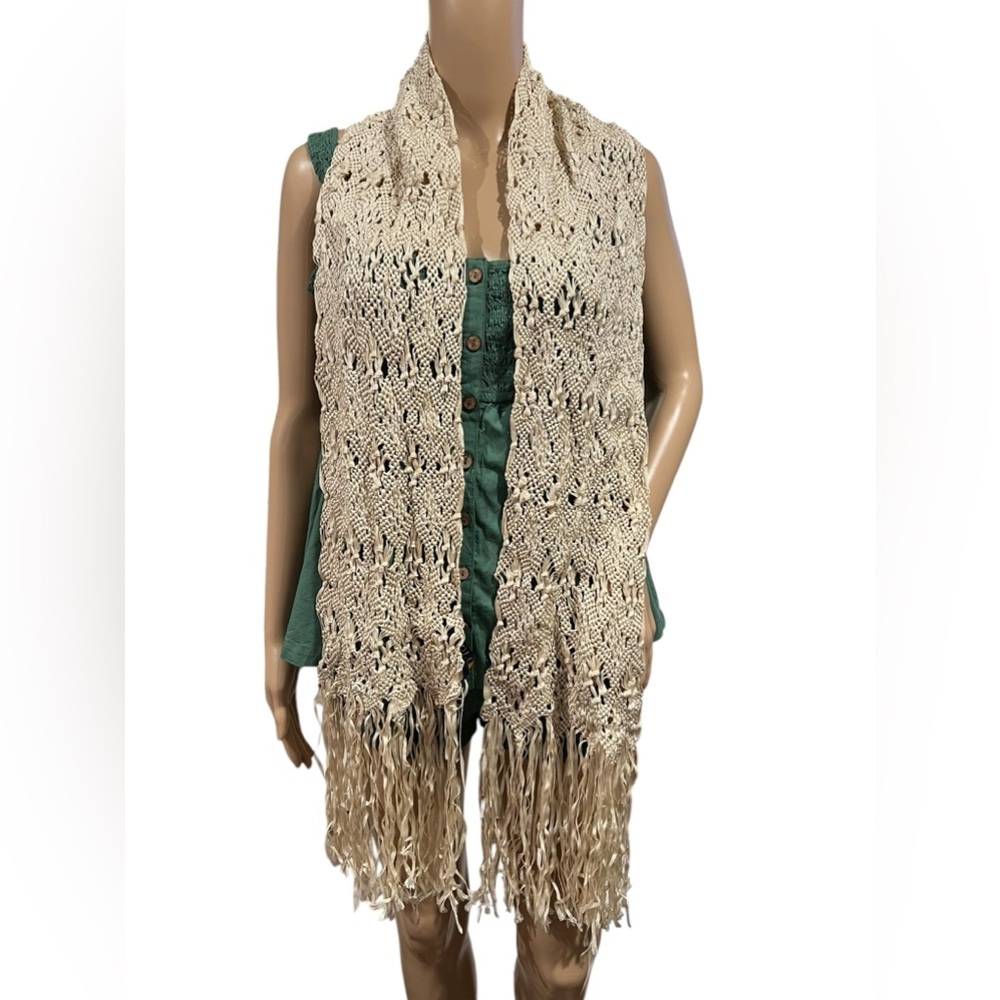 Polo Ralph Lauren Scarf Womens Ivory Crochet Fringed Rectangular One Size - Picture 2 of 8